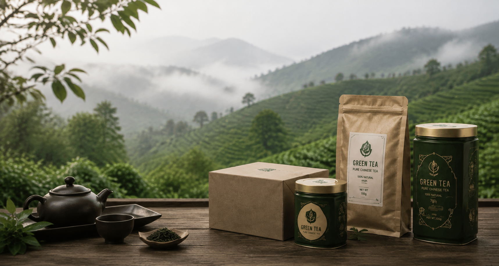 Custom private-label tea packaging in a mountain tea-garden setting